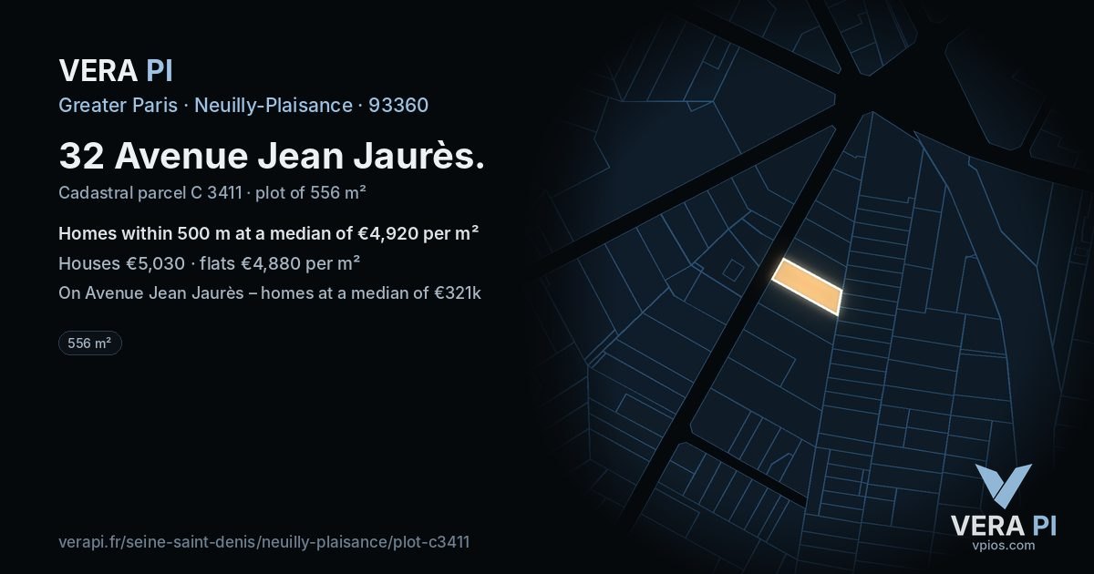 32 Avenue Jean Jaurès, Neuilly-Plaisance at night – the plot lit, the parcels around coloured by the prices near them