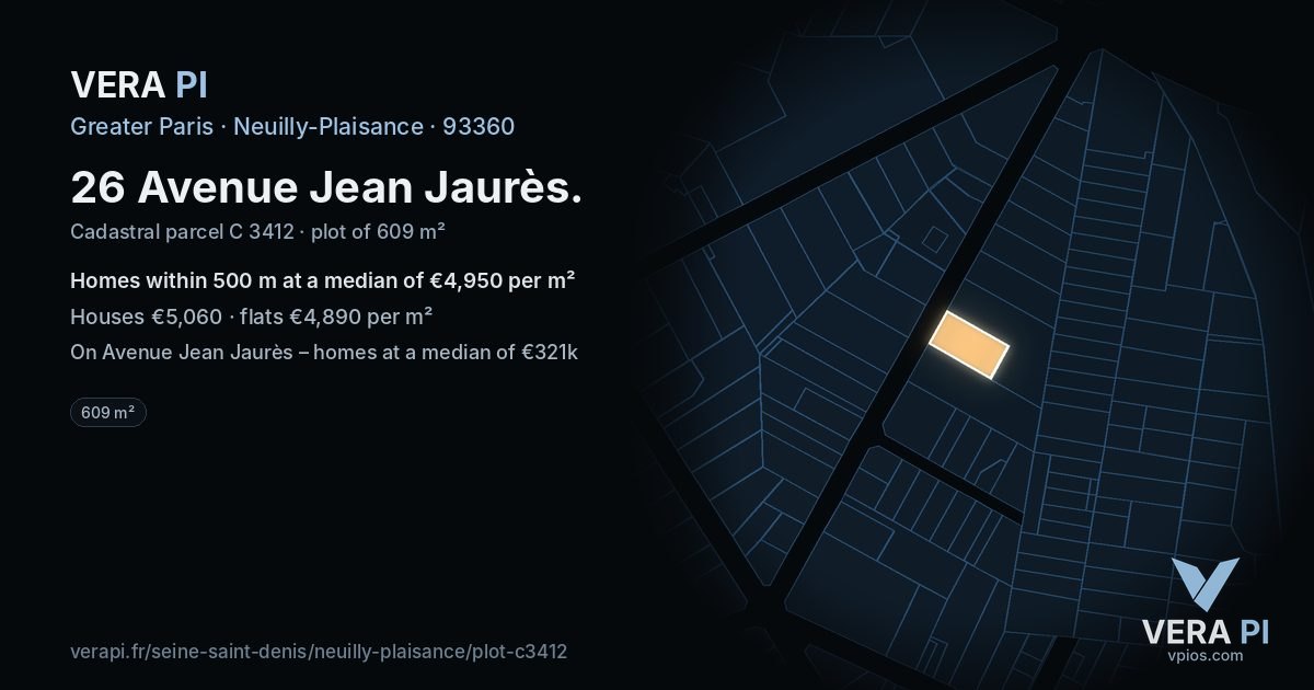 26 Avenue Jean Jaurès, Neuilly-Plaisance at night – the plot lit, the parcels around coloured by the prices near them
