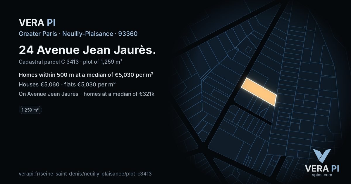 24 Avenue Jean Jaurès, Neuilly-Plaisance at night – the plot lit, the parcels around coloured by the prices near them