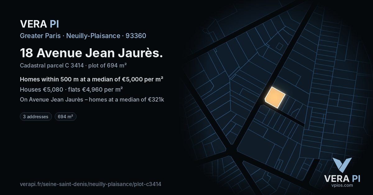 18 Avenue Jean Jaurès, Neuilly-Plaisance at night – the plot lit, the parcels around coloured by the prices near them