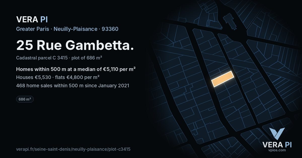 25 Rue Gambetta, Neuilly-Plaisance at night – the plot lit, the parcels around coloured by the prices near them