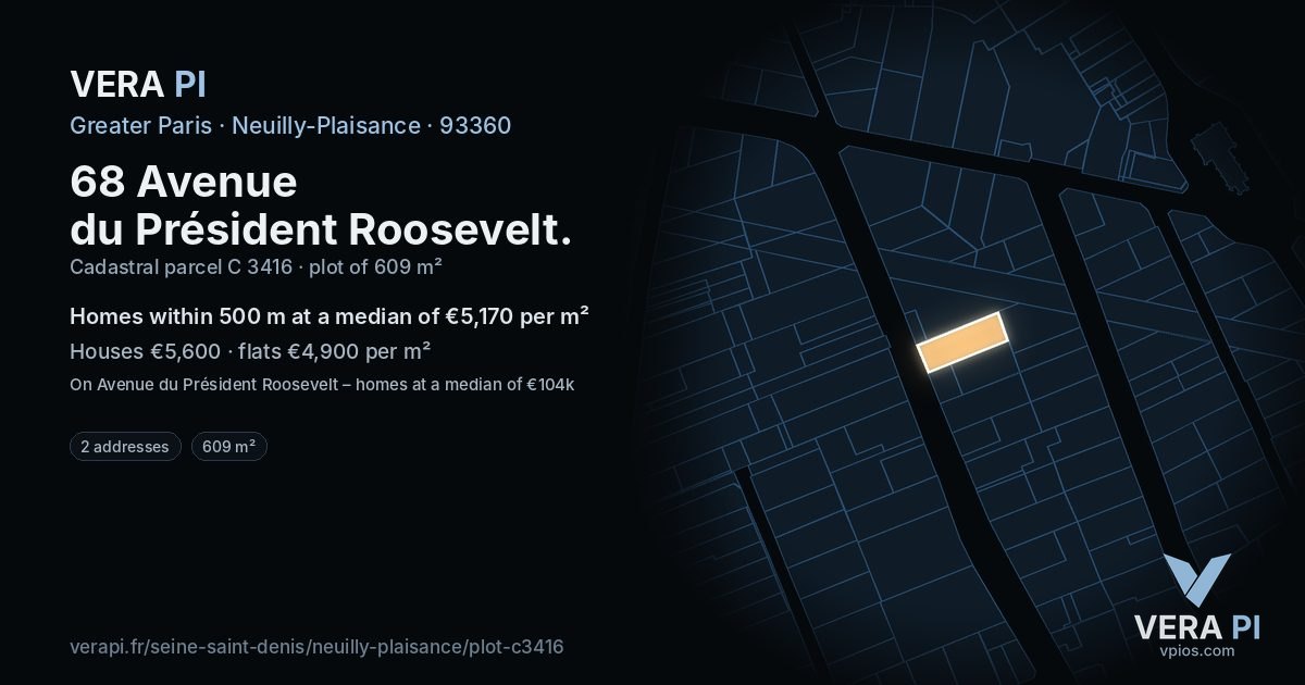 68 Avenue du Président Roosevelt, Neuilly-Plaisance at night – the plot lit, the parcels around coloured by the prices near them