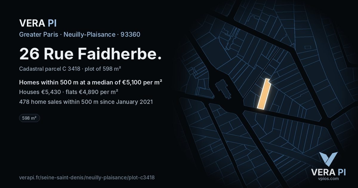 26 Rue Faidherbe, Neuilly-Plaisance at night – the plot lit, the parcels around coloured by the prices near them