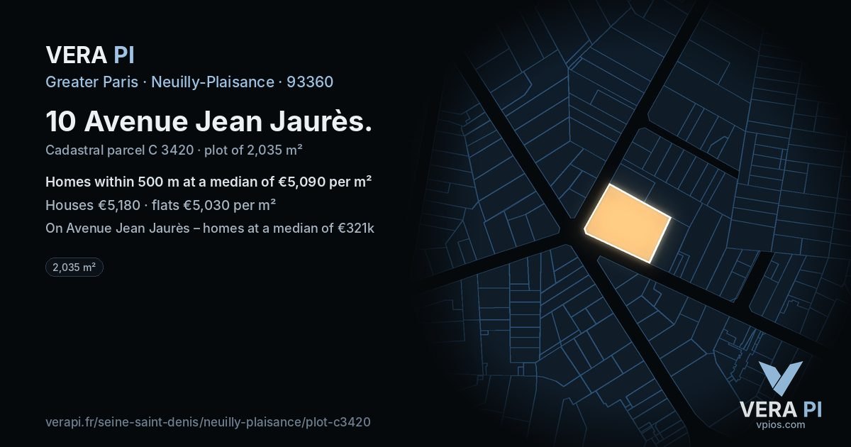 10 Avenue Jean Jaurès, Neuilly-Plaisance at night – the plot lit, the parcels around coloured by the prices near them