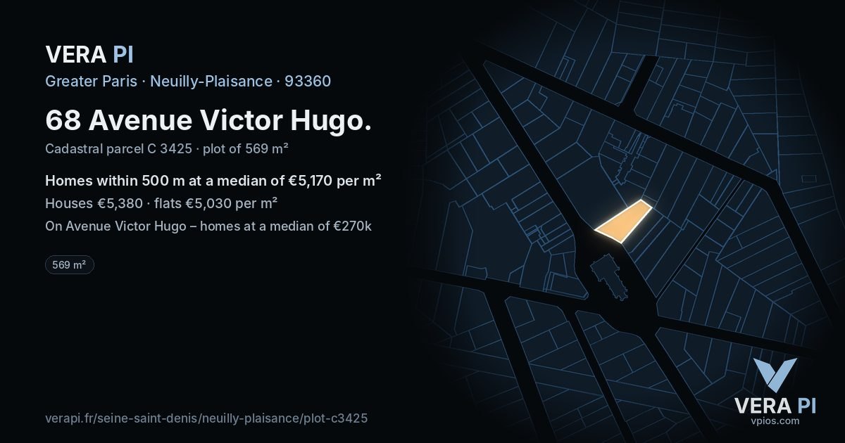 68 Avenue Victor Hugo, Neuilly-Plaisance at night – the plot lit, the parcels around coloured by the prices near them