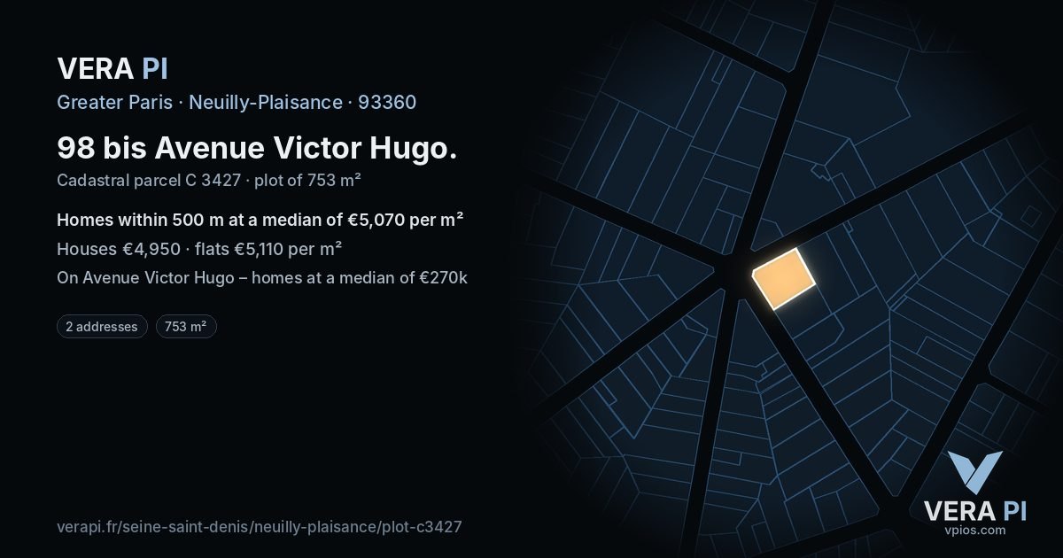 98 bis Avenue Victor Hugo, Neuilly-Plaisance at night – the plot lit, the parcels around coloured by the prices near them
