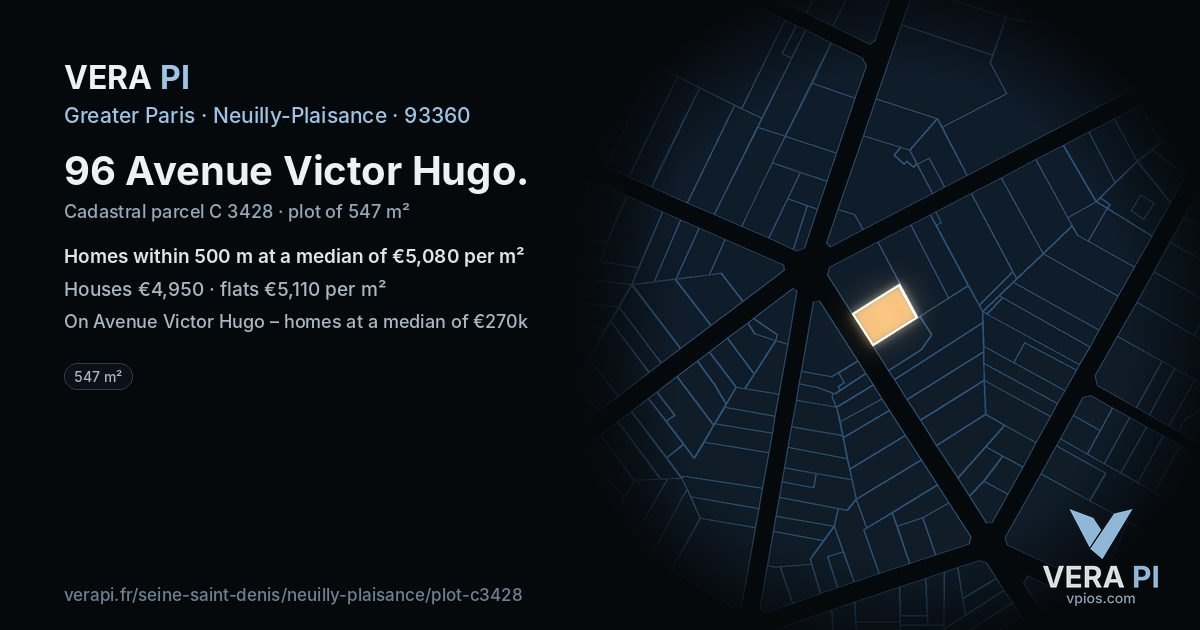 96 Avenue Victor Hugo, Neuilly-Plaisance at night – the plot lit, the parcels around coloured by the prices near them