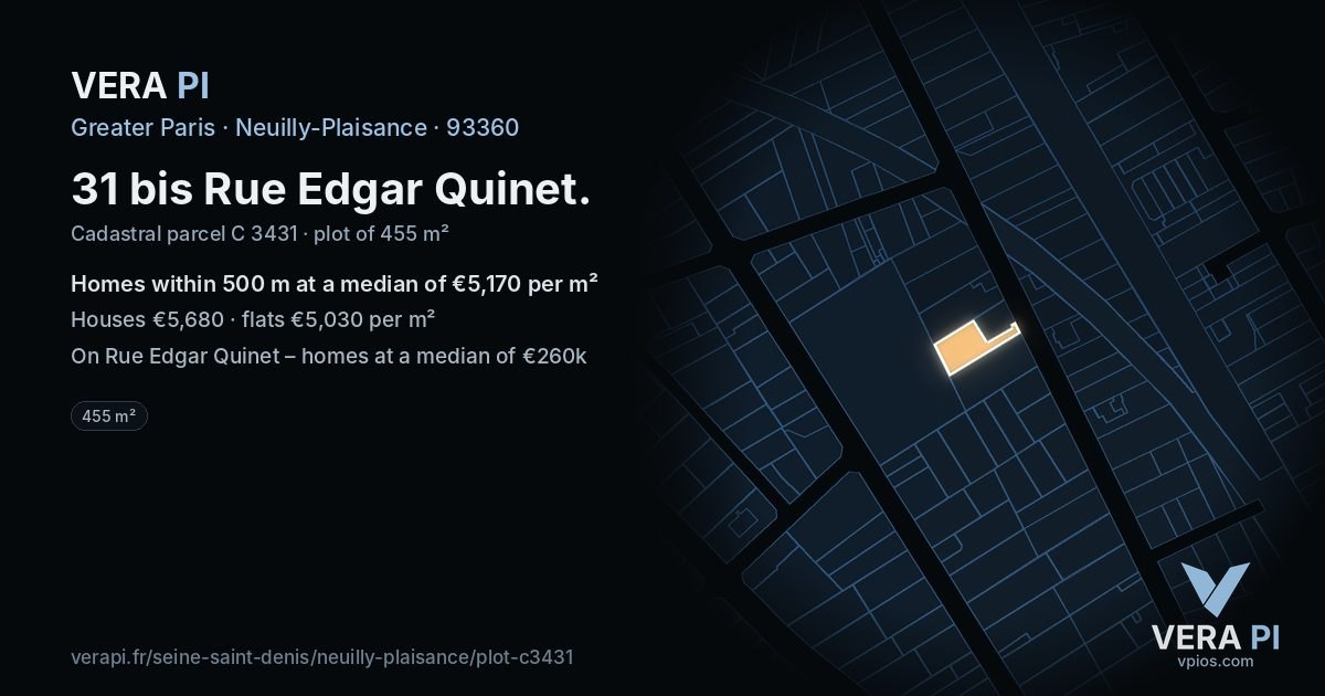 31 bis Rue Edgar Quinet, Neuilly-Plaisance at night – the plot lit, the parcels around coloured by the prices near them