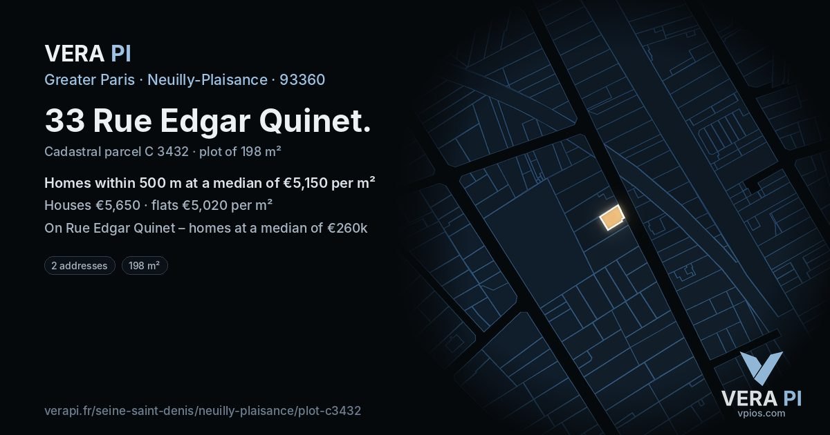 33 Rue Edgar Quinet, Neuilly-Plaisance at night – the plot lit, the parcels around coloured by the prices near them