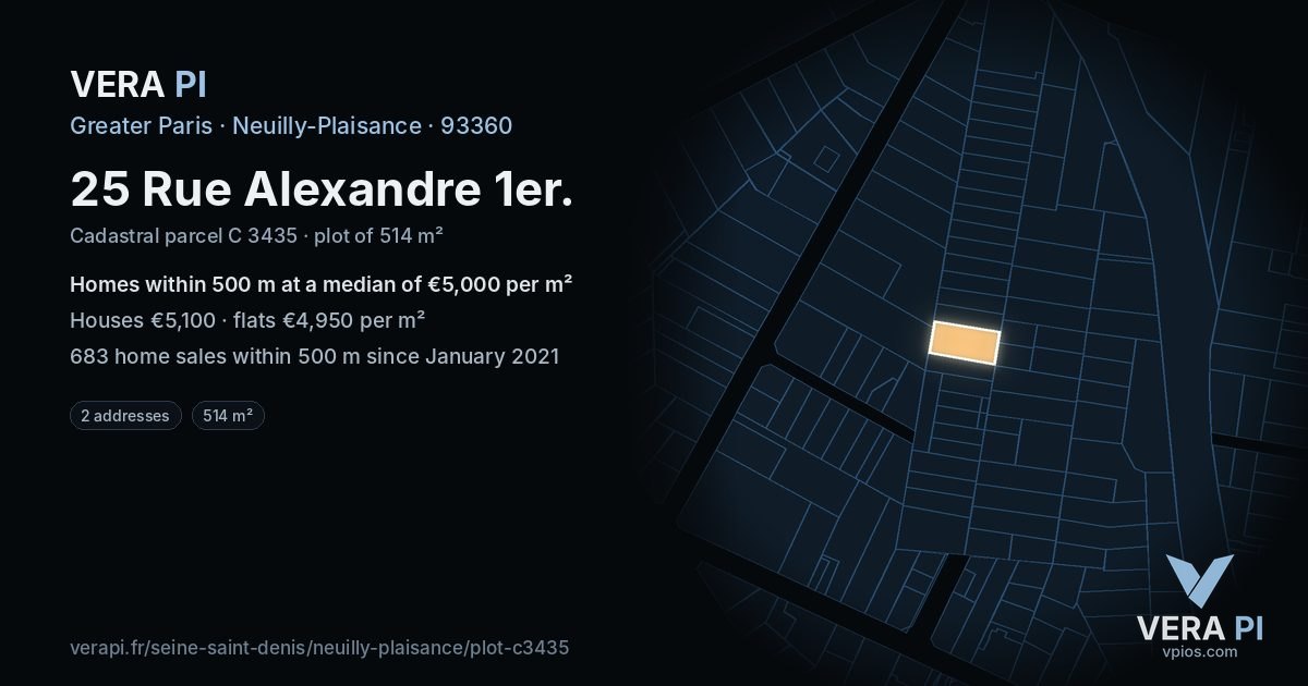 25 Rue Alexandre 1er, Neuilly-Plaisance at night – the plot lit, the parcels around coloured by the prices near them