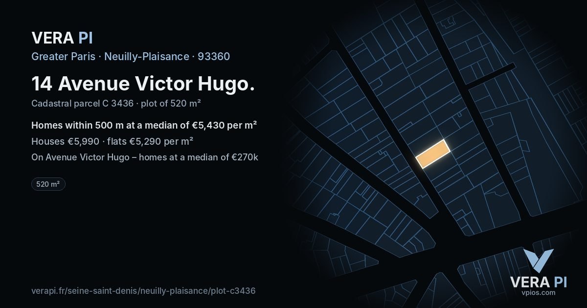 14 Avenue Victor Hugo, Neuilly-Plaisance at night – the plot lit, the parcels around coloured by the prices near them