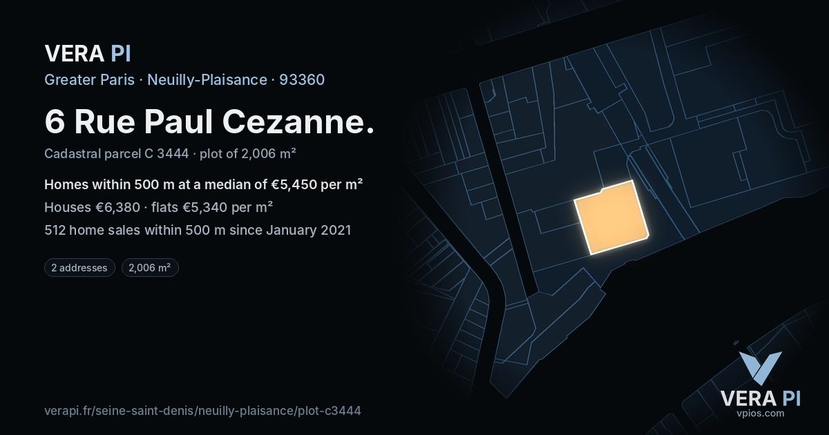 6 Rue Paul Cezanne, Neuilly-Plaisance at night – the plot lit, the parcels around coloured by the prices near them