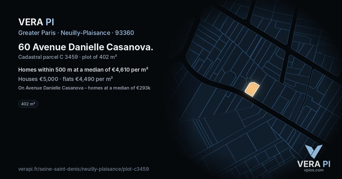 60 Avenue Danielle Casanova, Neuilly-Plaisance at night – the plot lit, the parcels around coloured by the prices near them