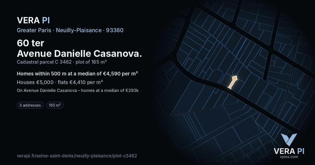 60 ter Avenue Danielle Casanova, Neuilly-Plaisance at night – the plot lit, the parcels around coloured by the prices near them