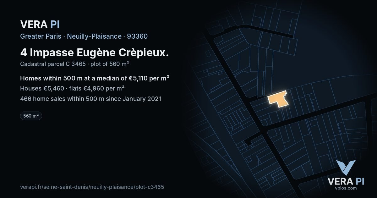 4 Impasse Eugène Crèpieux, Neuilly-Plaisance at night – the plot lit, the parcels around coloured by the prices near them