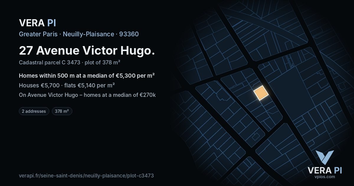 27 Avenue Victor Hugo, Neuilly-Plaisance at night – the plot lit, the parcels around coloured by the prices near them