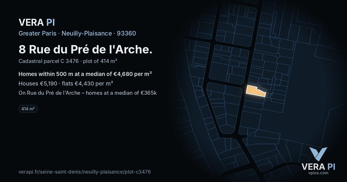 8 Rue du Pré de l'Arche, Neuilly-Plaisance at night – the plot lit, the parcels around coloured by the prices near them