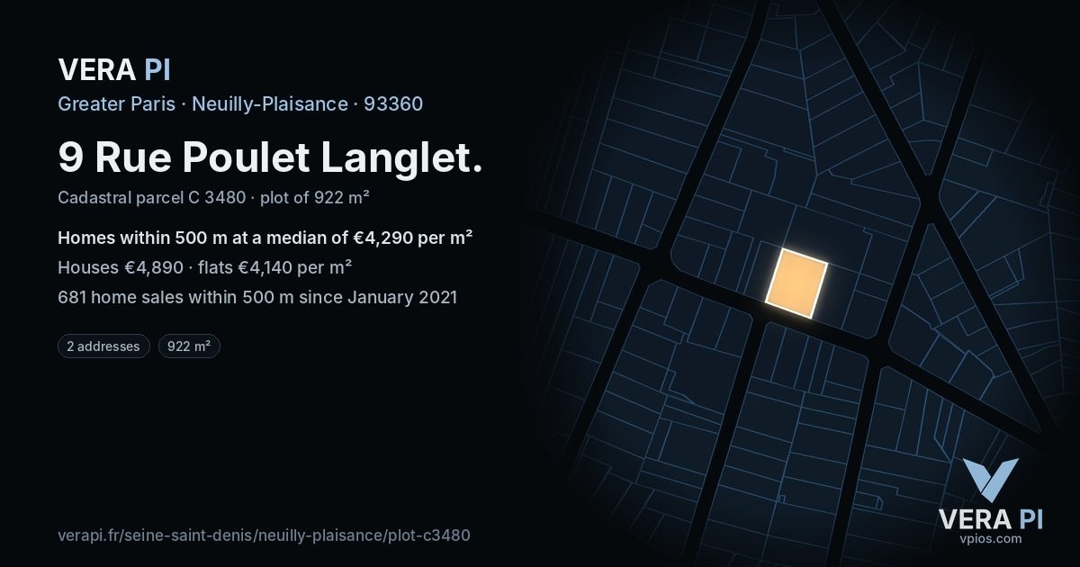 9 Rue Poulet Langlet, Neuilly-Plaisance at night – the plot lit, the parcels around coloured by the prices near them