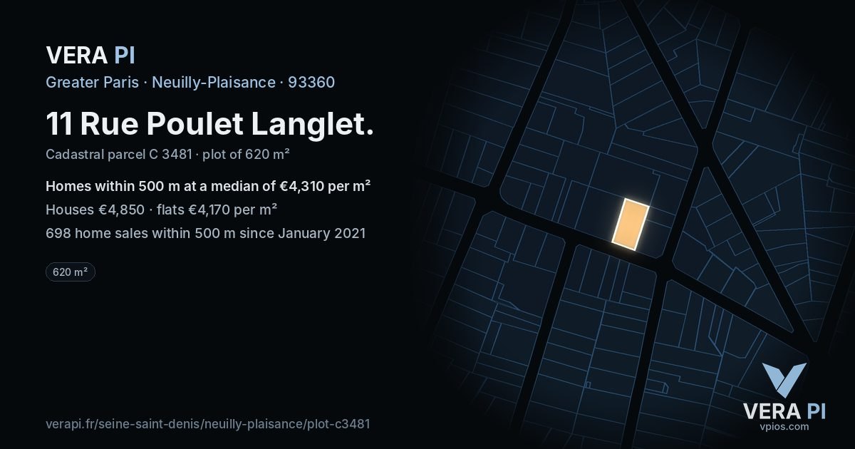 11 Rue Poulet Langlet, Neuilly-Plaisance at night – the plot lit, the parcels around coloured by the prices near them