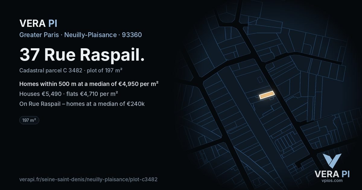 37 Rue Raspail, Neuilly-Plaisance at night – the plot lit, the parcels around coloured by the prices near them