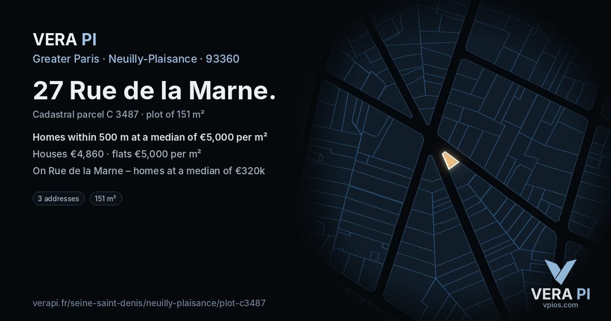 27 Rue de la Marne, Neuilly-Plaisance at night – the plot lit, the parcels around coloured by the prices near them