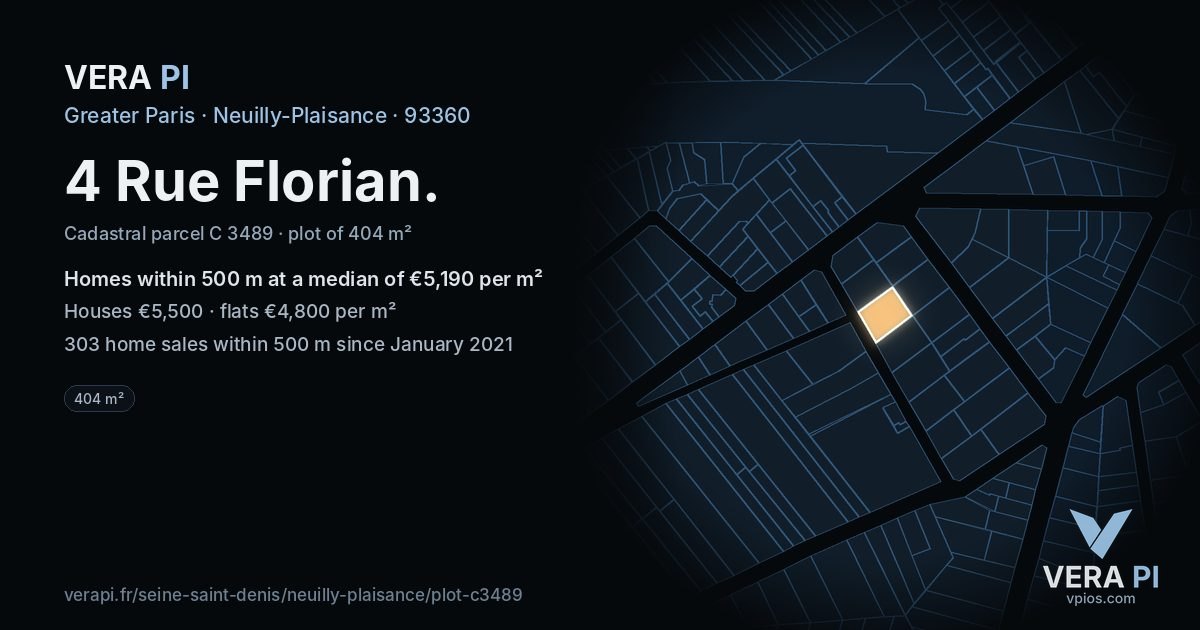4 Rue Florian, Neuilly-Plaisance at night – the plot lit, the parcels around coloured by the prices near them