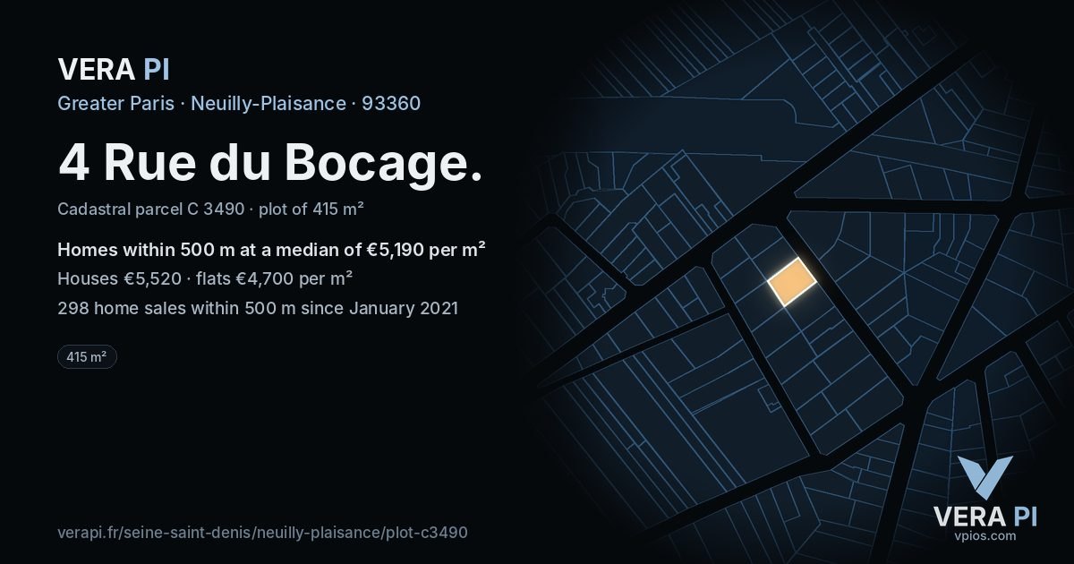 4 Rue du Bocage, Neuilly-Plaisance at night – the plot lit, the parcels around coloured by the prices near them