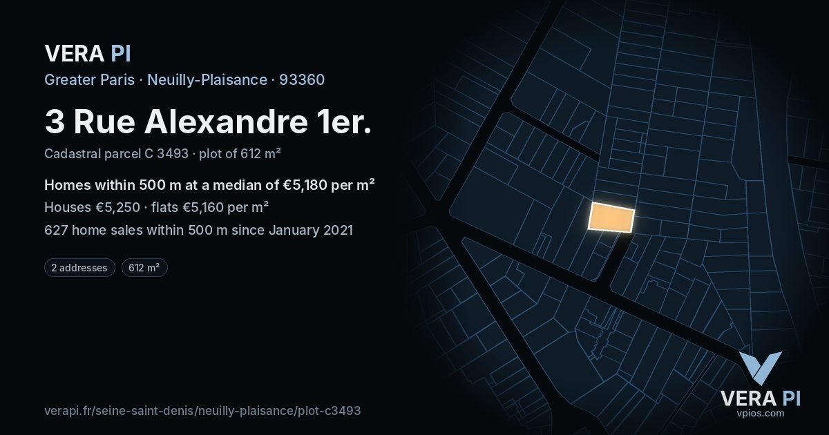 3 Rue Alexandre 1er, Neuilly-Plaisance at night – the plot lit, the parcels around coloured by the prices near them