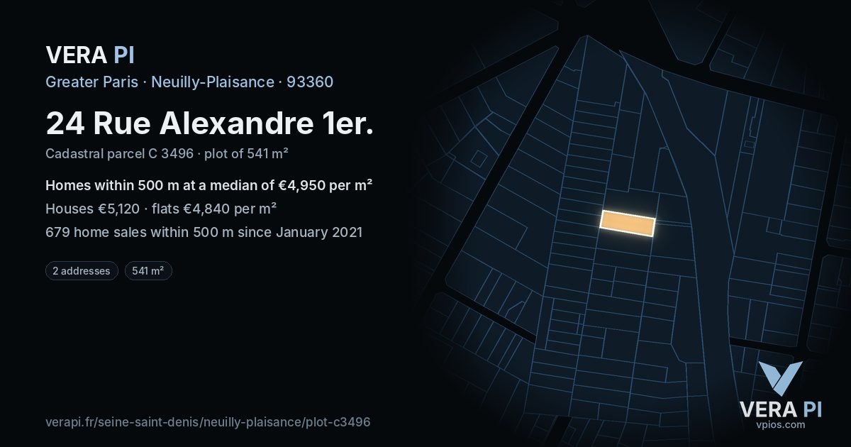 24 Rue Alexandre 1er, Neuilly-Plaisance at night – the plot lit, the parcels around coloured by the prices near them