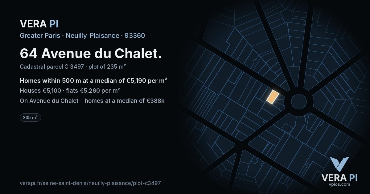 64 Avenue du Chalet, Neuilly-Plaisance at night – the plot lit, the parcels around coloured by the prices near them