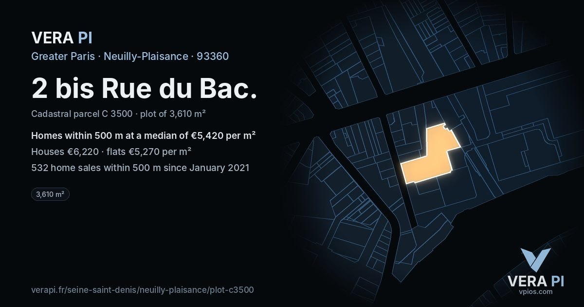 2 bis Rue du Bac, Neuilly-Plaisance at night – the plot lit, the parcels around coloured by the prices near them