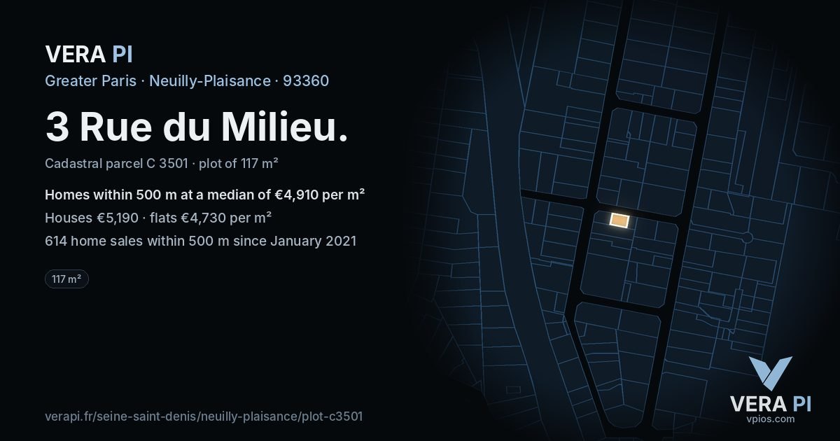 3 Rue du Milieu, Neuilly-Plaisance at night – the plot lit, the parcels around coloured by the prices near them