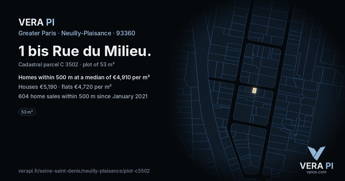 1 bis Rue du Milieu, Neuilly-Plaisance at night – the plot lit, the parcels around coloured by the prices near them