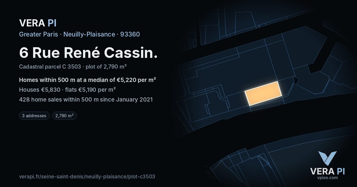 6 Rue René Cassin, Neuilly-Plaisance at night – the plot lit, the parcels around coloured by the prices near them
