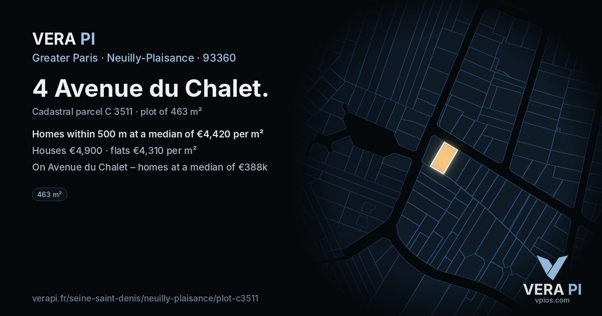 4 Avenue du Chalet, Neuilly-Plaisance at night – the plot lit, the parcels around coloured by the prices near them