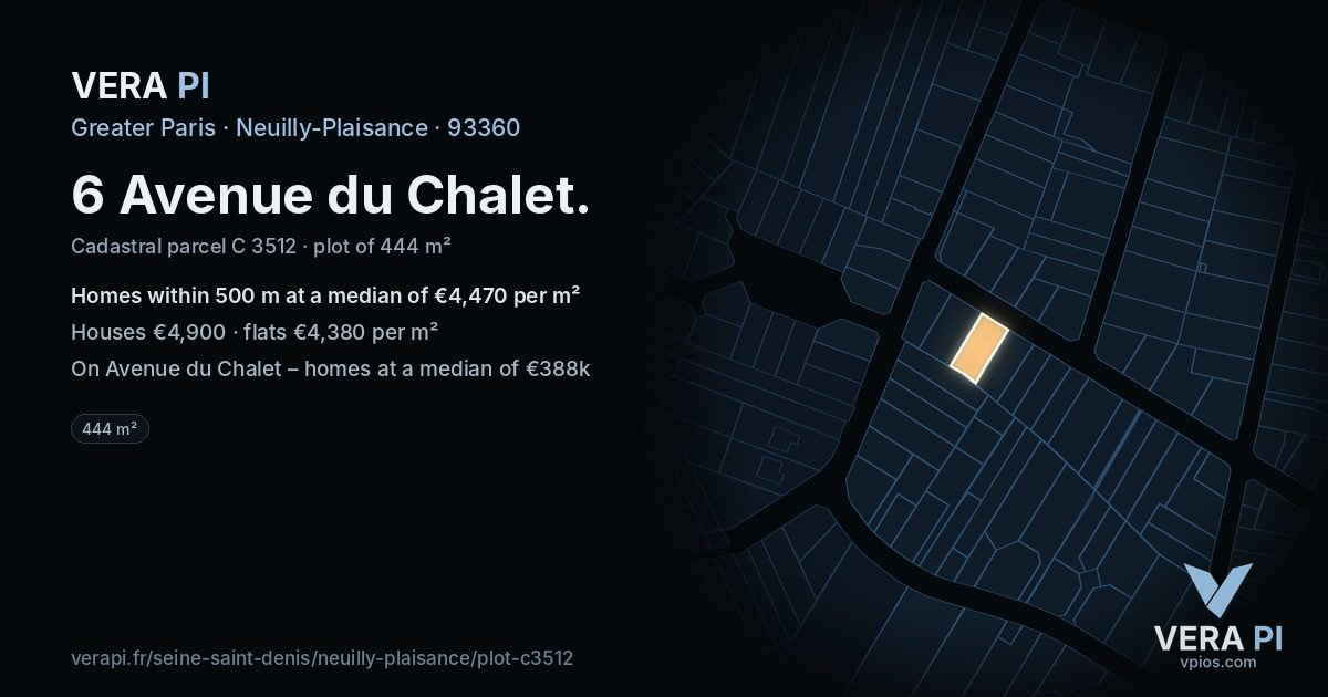 6 Avenue du Chalet, Neuilly-Plaisance at night – the plot lit, the parcels around coloured by the prices near them