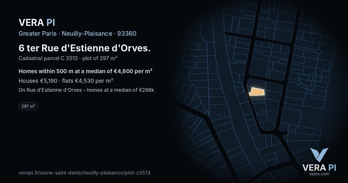 6 ter Rue d'Estienne d'Orves, Neuilly-Plaisance at night – the plot lit, the parcels around coloured by the prices near them