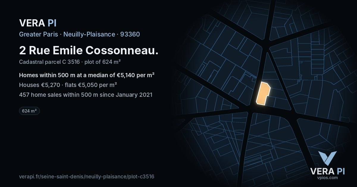 2 Rue Emile Cossonneau, Neuilly-Plaisance at night – the plot lit, the parcels around coloured by the prices near them