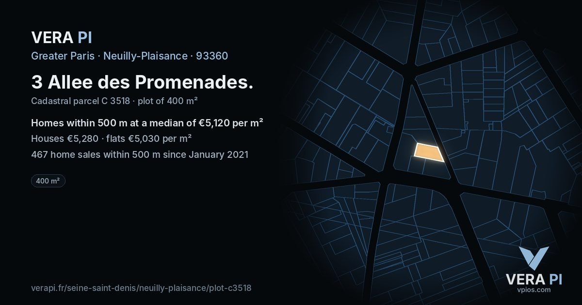 3 Allee des Promenades, Neuilly-Plaisance at night – the plot lit, the parcels around coloured by the prices near them