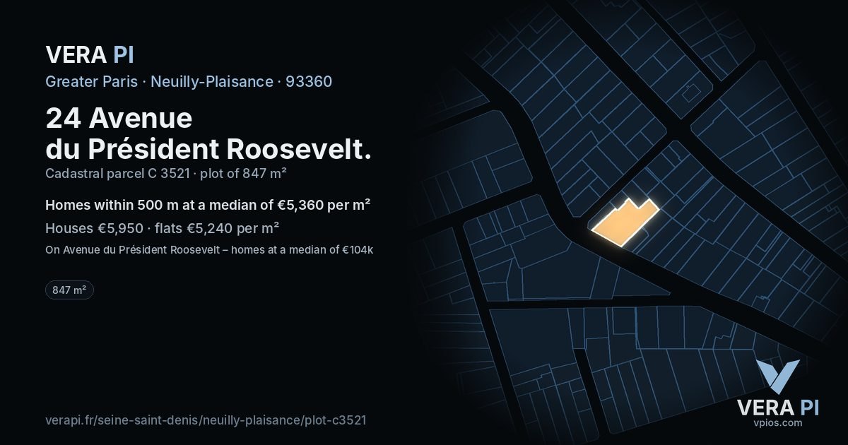 24 Avenue du Président Roosevelt, Neuilly-Plaisance at night – the plot lit, the parcels around coloured by the prices near them