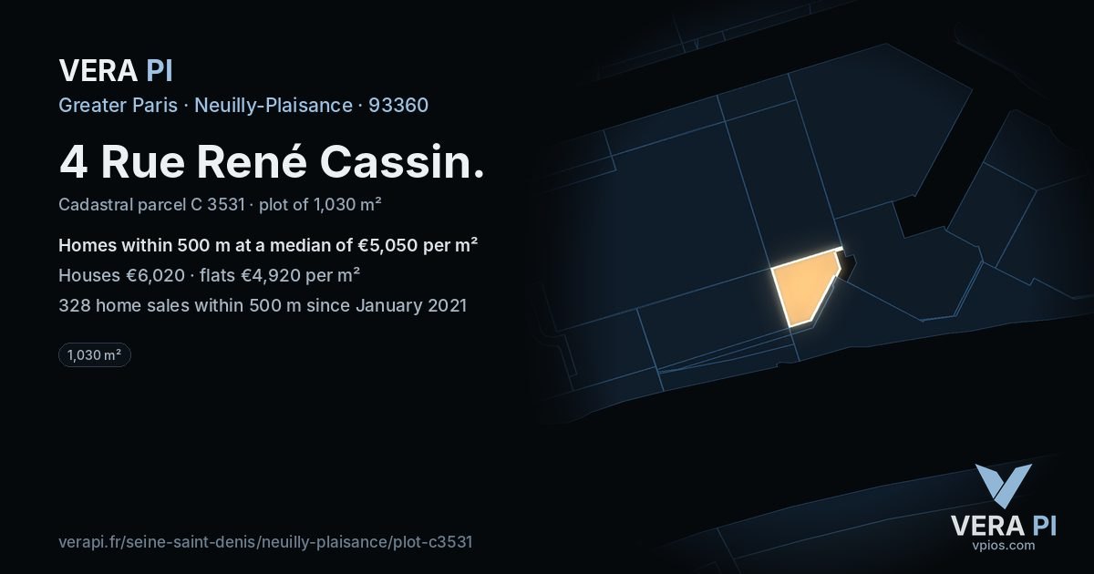 4 Rue René Cassin, Neuilly-Plaisance at night – the plot lit, the parcels around coloured by the prices near them