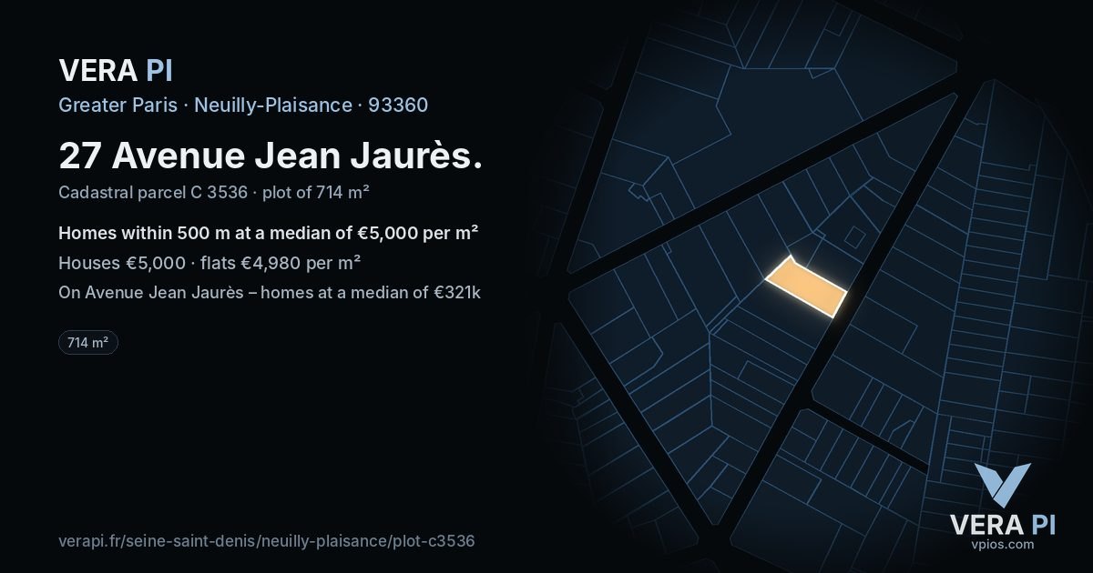 27 Avenue Jean Jaurès, Neuilly-Plaisance at night – the plot lit, the parcels around coloured by the prices near them
