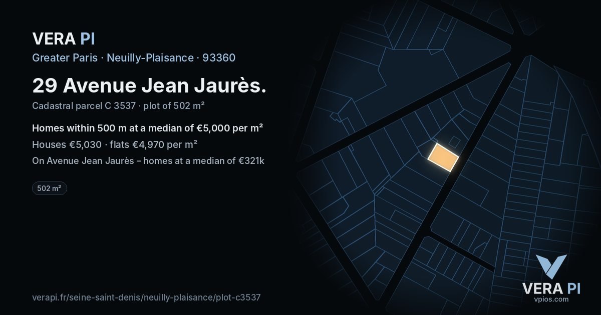 29 Avenue Jean Jaurès, Neuilly-Plaisance at night – the plot lit, the parcels around coloured by the prices near them