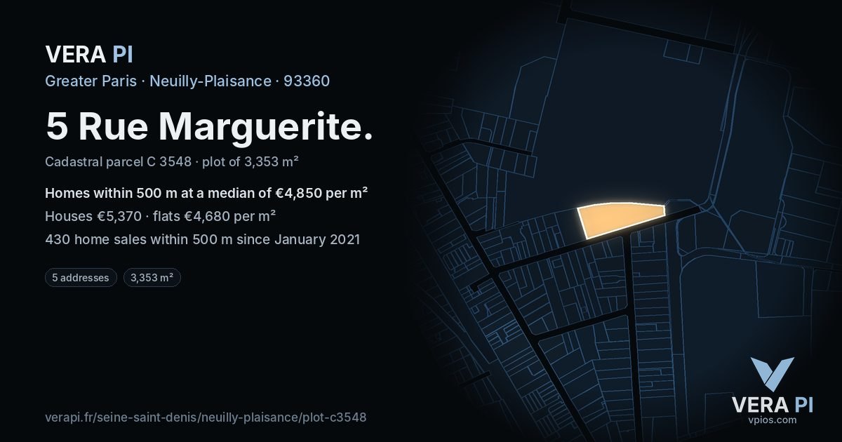5 Rue Marguerite, Neuilly-Plaisance at night – the plot lit, the parcels around coloured by the prices near them