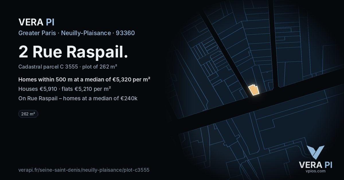 2 Rue Raspail, Neuilly-Plaisance at night – the plot lit, the parcels around coloured by the prices near them