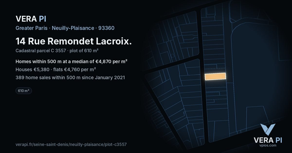 14 Rue Remondet Lacroix, Neuilly-Plaisance at night – the plot lit, the parcels around coloured by the prices near them