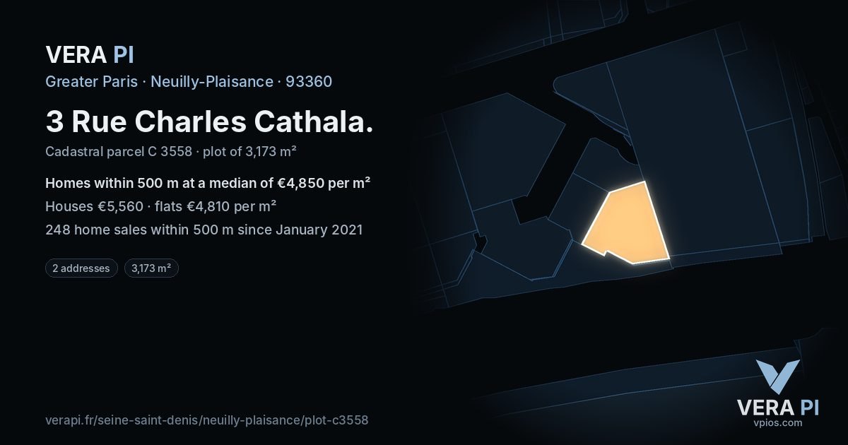 3 Rue Charles Cathala, Neuilly-Plaisance at night – the plot lit, the parcels around coloured by the prices near them