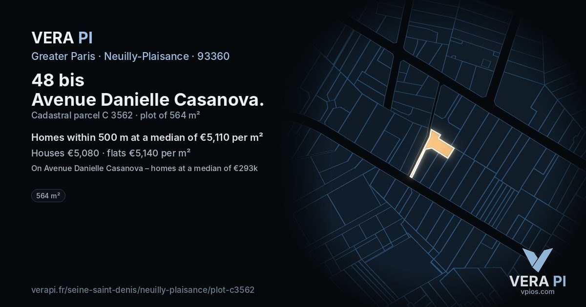 48 bis Avenue Danielle Casanova, Neuilly-Plaisance at night – the plot lit, the parcels around coloured by the prices near them