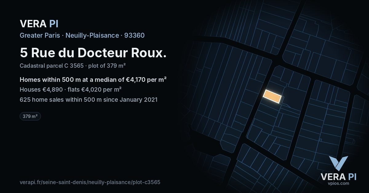 5 Rue du Docteur Roux, Neuilly-Plaisance at night – the plot lit, the parcels around coloured by the prices near them