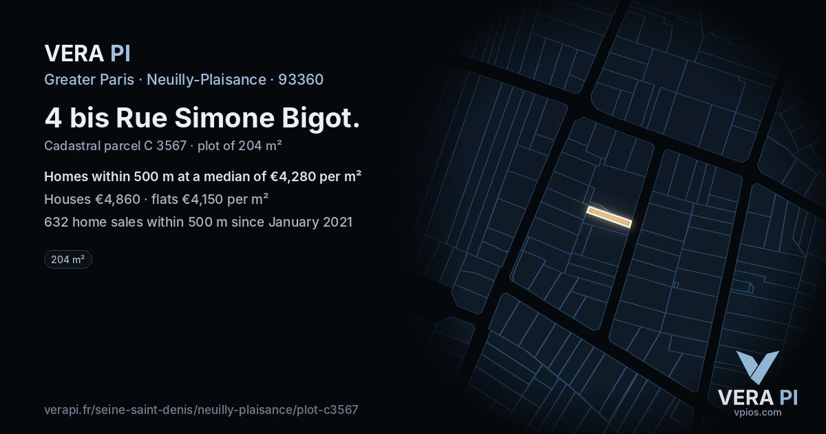 4 bis Rue Simone Bigot, Neuilly-Plaisance at night – the plot lit, the parcels around coloured by the prices near them